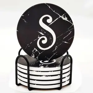 Monogram Coasters for Drinks, Absorbent Coaster Set of 6 with Holder, Black Marble Style Ceramic Drink Coaster Sets with Cork Base, Monogrammed Letter S D&PY