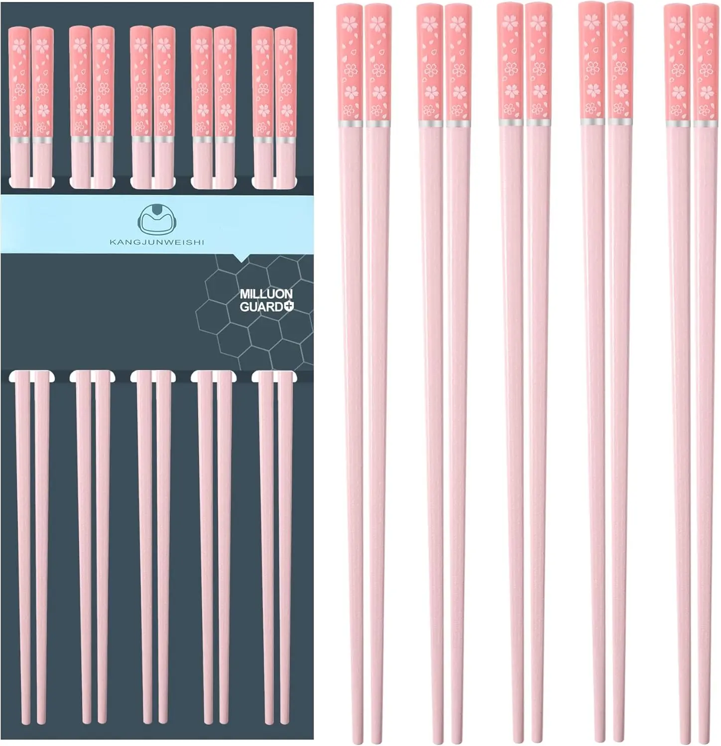 Matte Non-Slip Pink Sakura Fiberglass Chopsticks (5-Pair, 9.57in) - Reusable Non-Plastic Kitchenware Cutlery Tableware Utensils, Dishwasher Safe, Ideal for Family Christmas Gifting