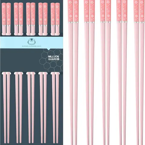 5-Pair Family Set Matte Non-Slip Pink Sakura Fiberglass Modern Chopsticks (9.57 inches/24.3cm) - Reusable Seamless Hygienic Cutlery, Dishwasher Safe Kitchenware, Dirt-Free Post-Wash, Ideal for Asian Style Dinner, Anniversaries, Sushi Nights