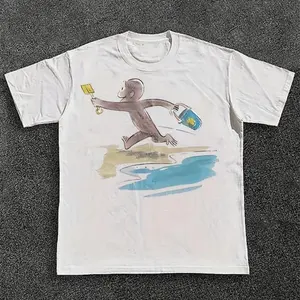 Unisex 100% T-Shirt with Curious Monkey Beach Cartoon Print, Soft And Suitable for All Seasons, a Must-Have Casual Streetwear Piece, Pairs Well with Any Outfit, Affordable for Everyday Wear- Machine Washable for Teen & Young