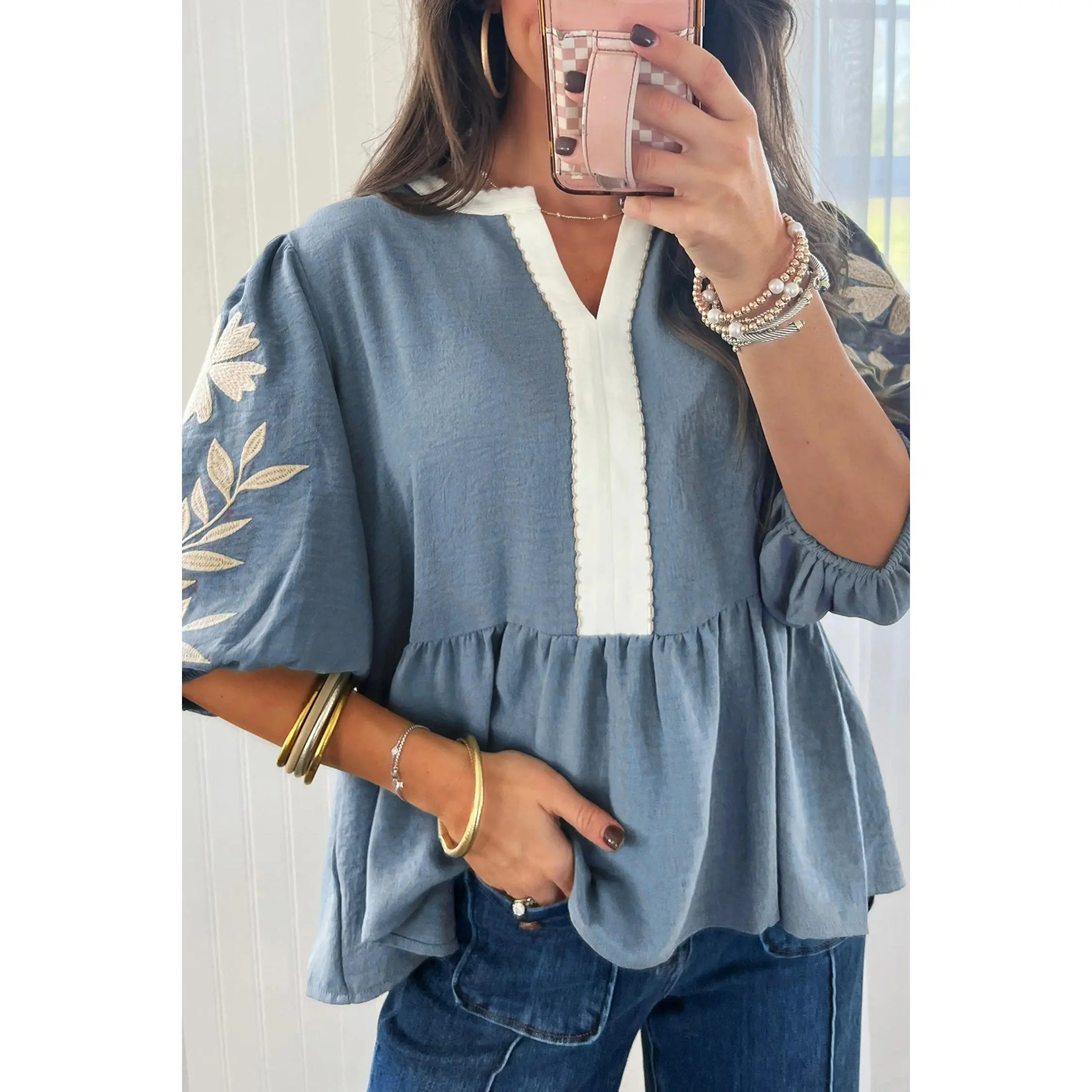 Myosotis Color Block Patchwork V Neck Embroidered Puff Sleeve Babydoll Blouse