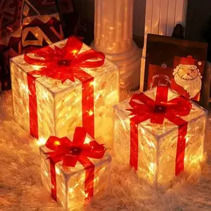 3-Pack Christmas Gift Box Lights, Transparent Gift Boxes with Tie + String Lights, Indoor Decorations, Holiday Home Decor, Ornaments, Party Supplies