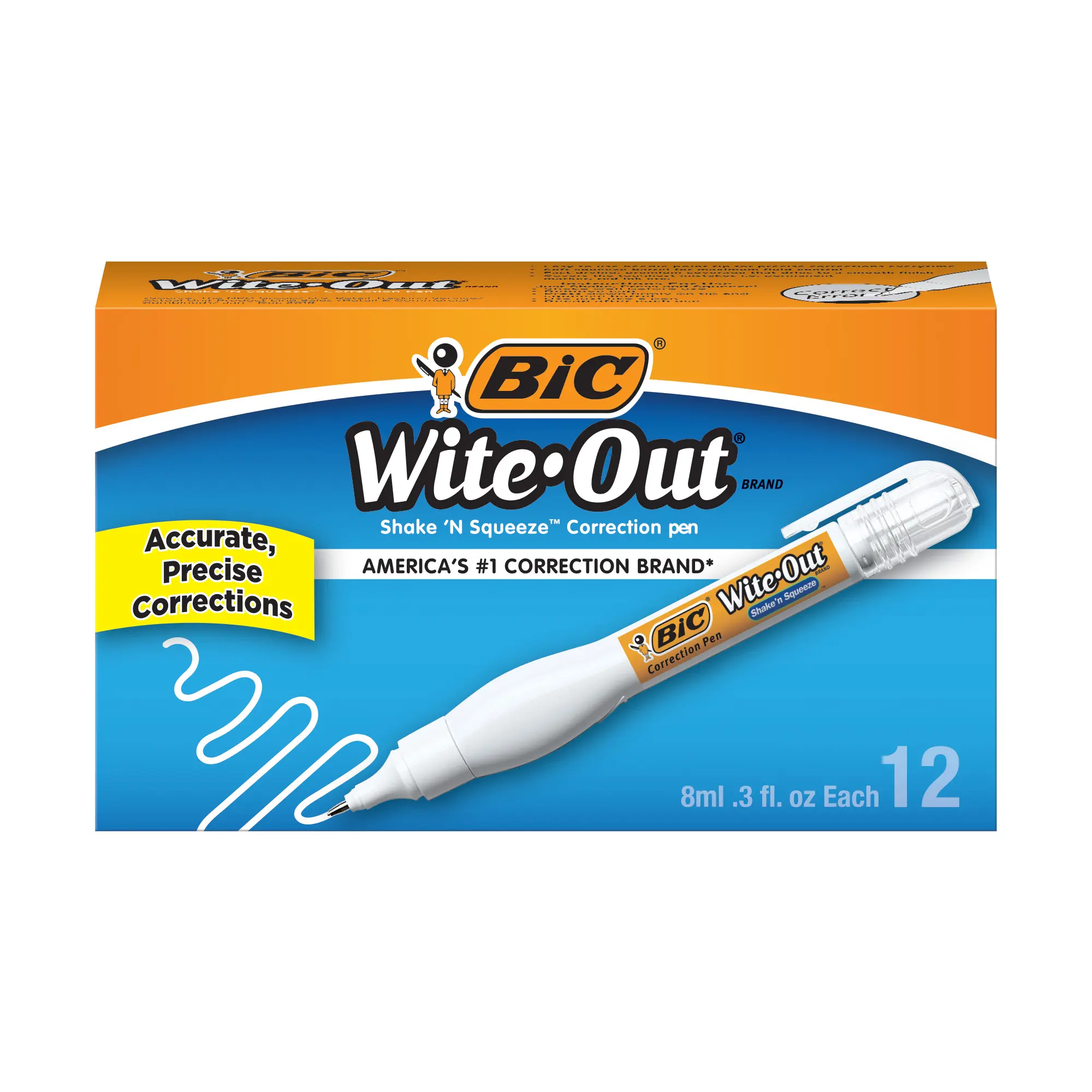 BIC Wite-Out Shake 'n Squeeze Correction Pen, 8 ML Fluid, 12-Count Pack, Fine-Tip Dry Erasers & Correction Supplies, Soft Squeeze Barrel, Left/Right Hand Use, Fast Clean Easy Office/School Tools to Erase Mistakes