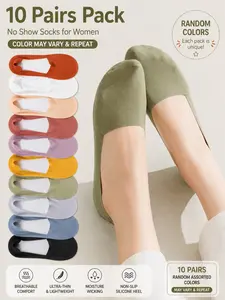 10 Pair Pack Women's Spring And Summer Thin Breathable Solid Color Low-Cut Non-Slip Slip-Proof Ice Silk Boat Socks
