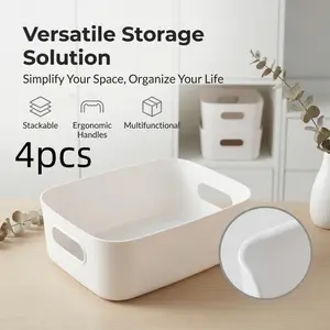 White plastic stackable storage basket, multi-purpose organizer box, suitable for kitchens, bathrooms,and home use.