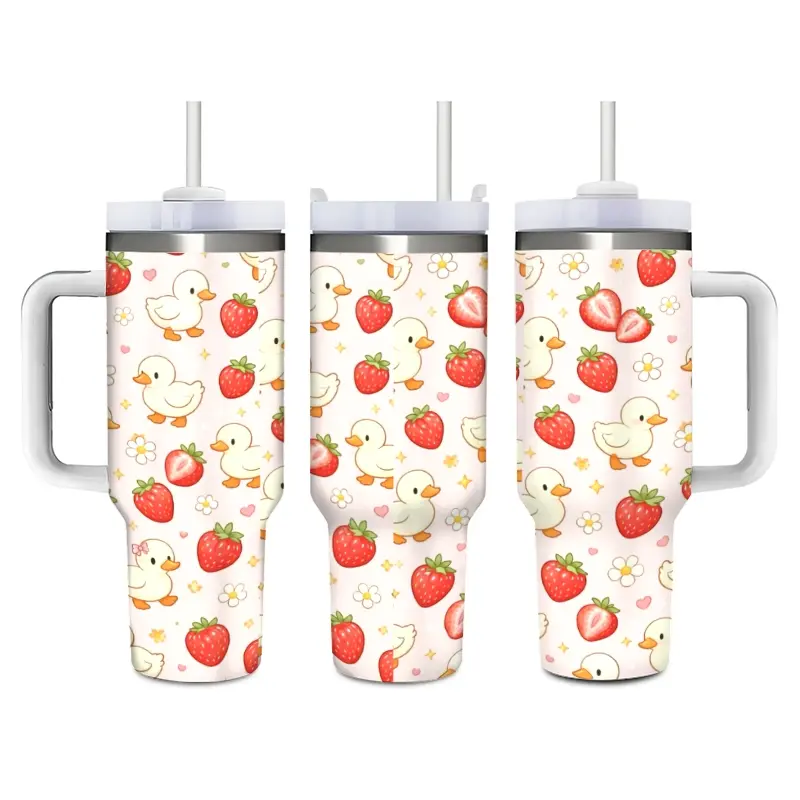 Cute Duck Strawberry Pattern 40oz Tumbler With Handle, Kawaii Cartoon Floral Print Stainless Steel Insulated Cup With Straw & Dual Lids, Large Travel Mug, Prism Cup Studio