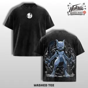 Pocket Monster - Mewtwoo PKM Anime Y2K Oversized Acid Washed T-Shirt – Double Print Vintage Graphic Tee, Unisex Top Trendy Streetwear Tanktop Shirt Manga Otaku Lover
