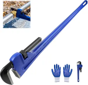 60 Inch Pipe Wrench, Jaw Opening Max 9", Adjustable Plumber Tool with Gloves and 8" Pipe Wrench, Carbon Steel Straight Handle Plumbing Wrench, for Mechanics, Plumbing, Construction, Blue outdoorfun