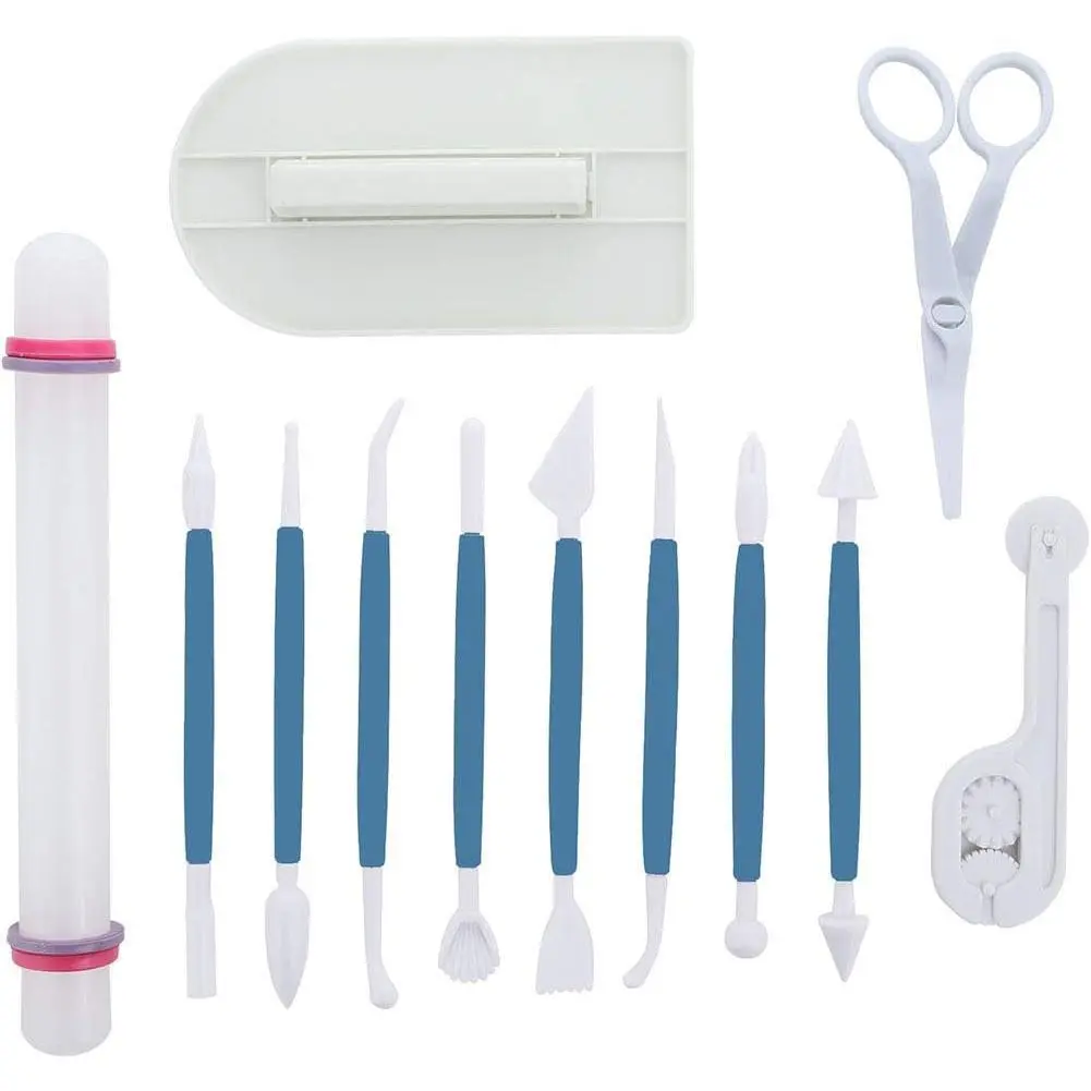 Marshmallow Fondant Cake Decorating Hand Tool 12 count 5 Sets Sugarcraft Gumpaste Icing Smoother Rolling Pin Trimmer  Embosser Flower Scissor Modelling Accessories Supplies Kit Blue