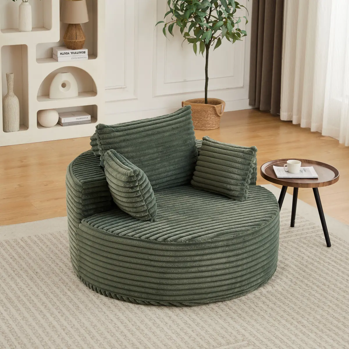 50" Ribbed Corduroy Upholstered Sofa Couch - 1-Seat Beige Fluffy Single Sleeper Chair, 48.89 lbs Sturdy Foam, All-Seasons Modern Non-Swivel, No Assembly Required, Ideal for Living Room, Bedroom