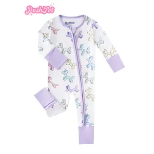 POSHTOT Colorful Puppy Print Bamboo Fiber Baby Onesie with Folding Feet Two-Way Zip-Up for Ages 0-2 Soft Comfortable Bodysuit