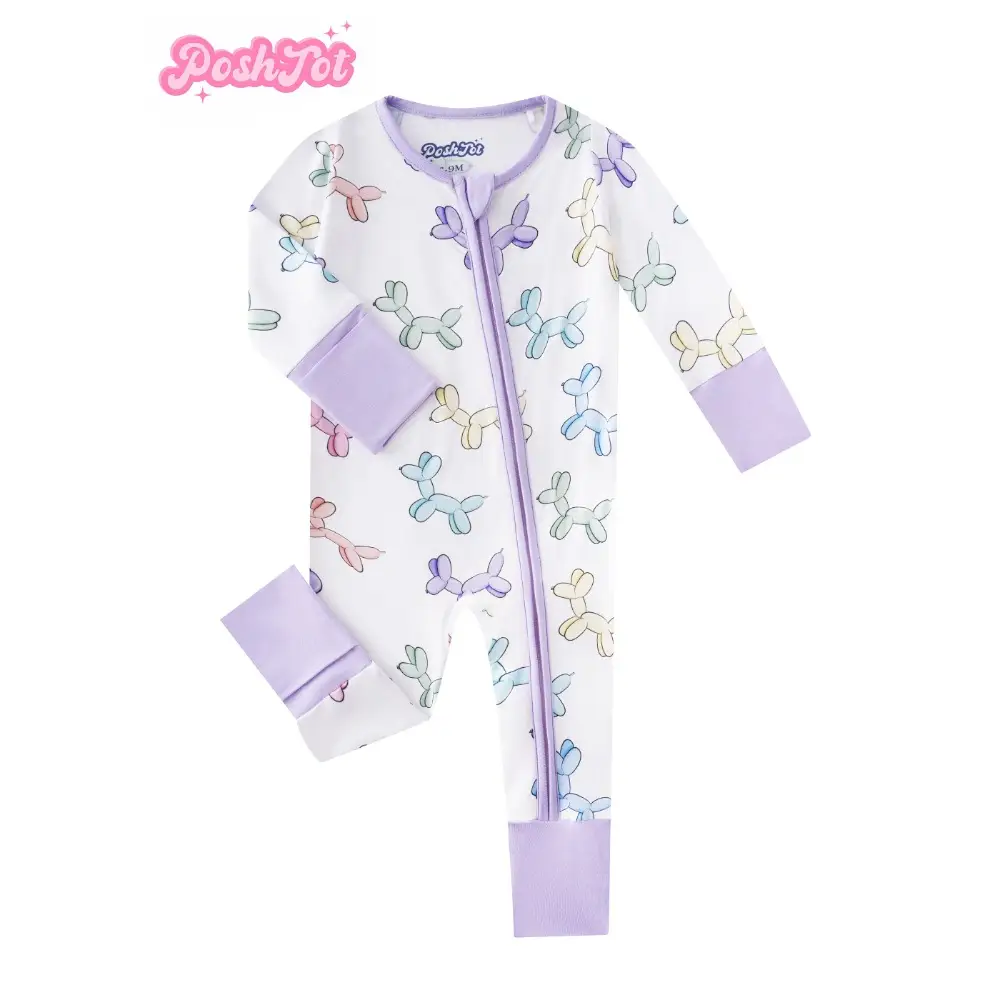 POSHTOT Colorful Puppy Print Bamboo Fiber Baby Long Sleeve Pants with Folding Feet, Cute Two-Way Zip-Up Onesie for Ages 0-2