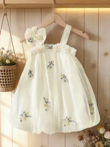 Baby Girl Fresh Floral Pattern Strap Dress, Embroidered Detailing Mesh Dress, Butterfly Knot Accent Fairy Kids Clothing, Cute Summer