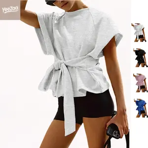 YeeZaa Women's Tie Knot Wrap Top Summer 2026 Short Sleeve Sweatshirt Crewneck Lightweight Dropped Shoulders Scoop Neckline Casual Athleisure Tee Fashion Clothes for Workout Lounging Everyday Wear
