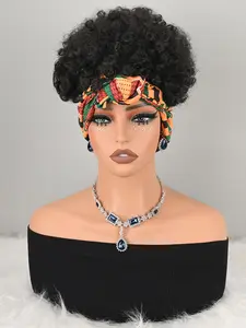 Curly Wig with African Geometric Print Headwrap, Synthetic Hair, Easy Wear Turban Style, Bob Wigs for All Seasons