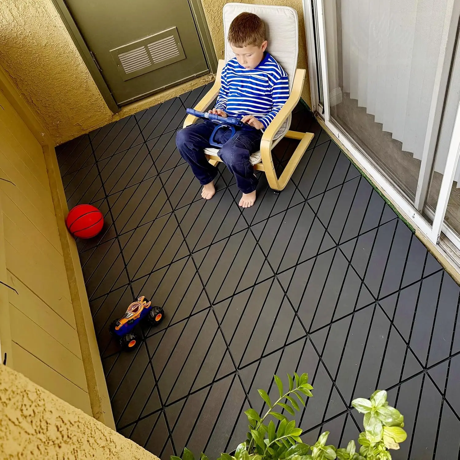 44-Pack Interlocking Deck Tiles (12"x12"), Waterproof All-Weather Flooring - Dark Grey Travertine, Green Porcelain for Porch, Poolside, Balcony, Indoor/Outdoor Home Improvement Use