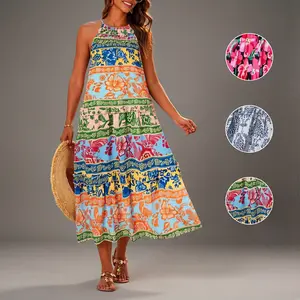 Women's Boho Floral Maxi Dress Spaghetti Strap Smocked Tiered Long Sundress with Pockets [Mother's Day Gift |   Runs Large |   Size Down]