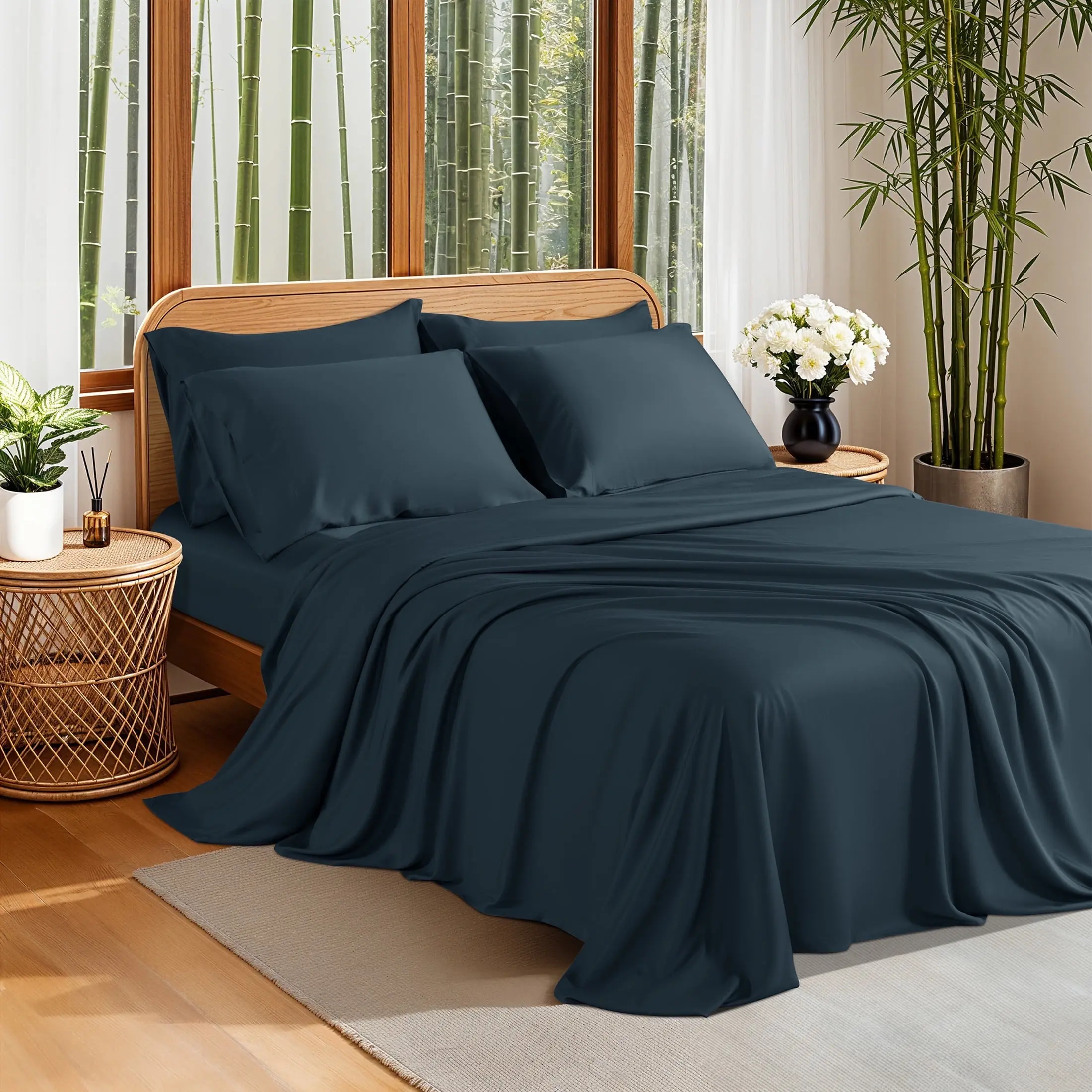 Sonoro Kate 100% Organic Cooling Bamboo Sheets, Queen Sheet Set 6-Piece with 16" Deep Pocket, Silky Smooth Luxury Bed Sheets, Navy Blue