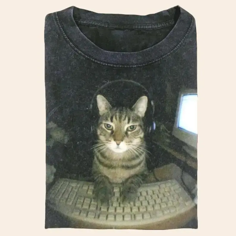 Women's Vintage Short Sleeve Graphic T-Shirt - Checkered Hacker Cat Meme Print, Fitted Round Neck Cotton Casual Wear Style Tee, Shortsleeve