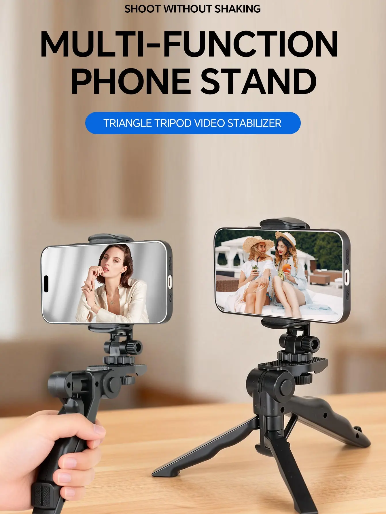 360-degree rotating and image-stabilized phonetripod, rugged and durable portable stand withadjustable clamps. A universal tripod stand forlive streaming and smartphone photography.