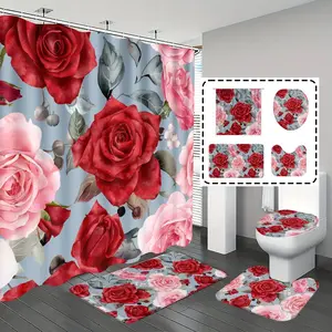 [Popular Choice]1pc/4pcs, bathroom curtains shower, bathroom set, shower curtains, bathroom decor,bathroom rug, Home Decoration, bathroom mat, Bathroom Mat, Rose Pattern, Flower Theme Decoration, Bathroom Set, with 12 hooks.