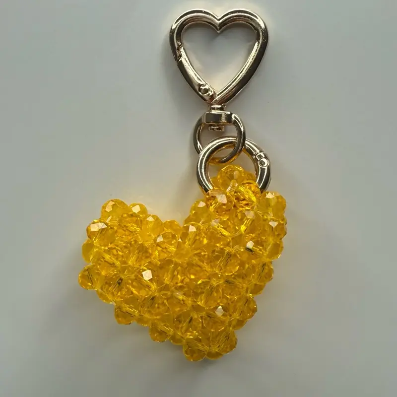Beaded Crystal Heart Keychain Yellow Heart Shape Phone Charm Bag Clip Purse Accessory with Heart Shaped Clasp