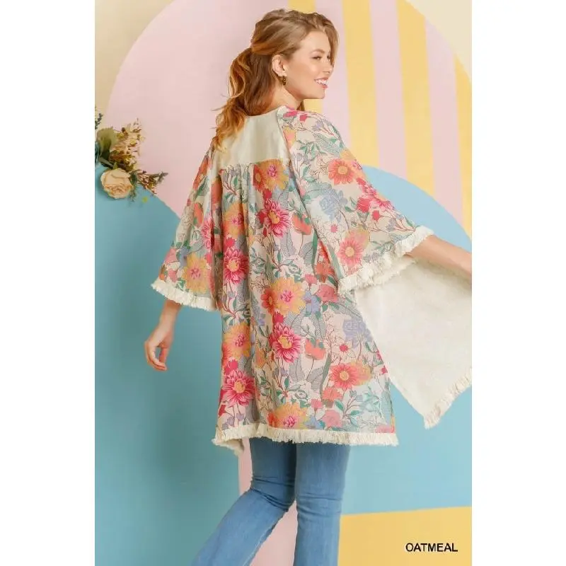 Umgee Linen Floral Kimono - Oatmeal