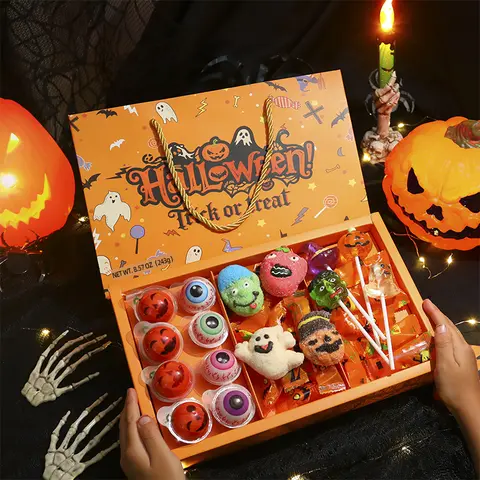 Halloween Candy Gift Box Set - 8.57 Oz, 33 Pcs Snacks with 4D Lollipops, Marshmallows, Gelatin-Based Gummies, Ghost/Pumpkin/Bat Designs, Citric Acid, Spooky Season Party Supplies, Children's Favors, Sohochic