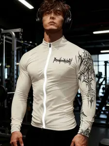 Men's Stand Collar Zipper Long Sleeve Fabric, Smooth Elastic Soft Comfortable, Gym Running Power Training Outdoor Cycling Athletic Shirt Print Tee, Fitness Shirts, Gym Tees