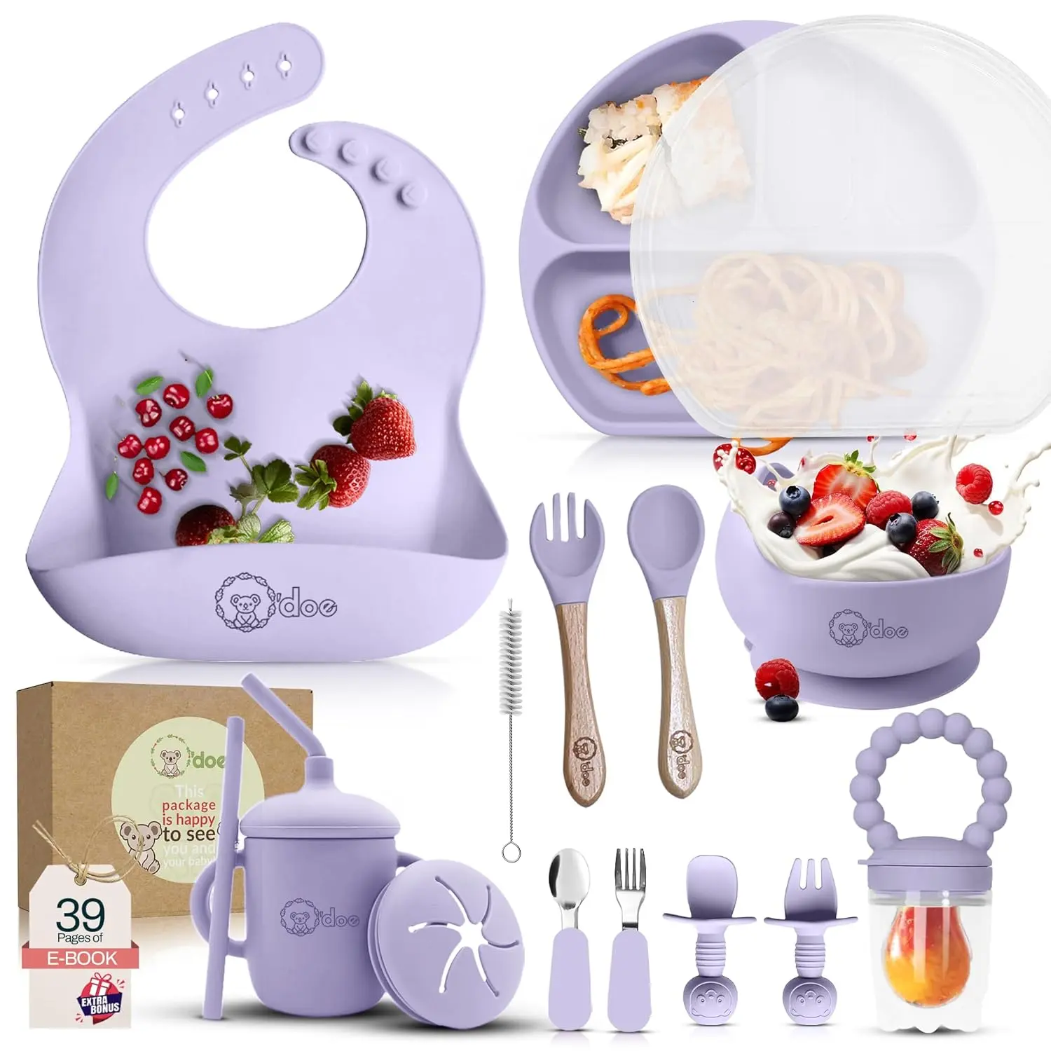 O'doe 17-Piece BPA-Free Silicone Baby Feeding Set - Thick Soft Suction Plates, Bowls, Wooden Fork, Spoon, Finger Toothbrush, Fruit Juicer Cap, Sippy Cup - BLW-Friendly, Safe, Eco-Friendly, Dishwasher & Microwave Safe