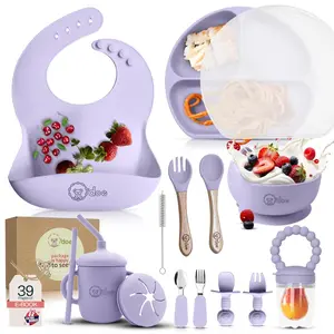 O'doe 17-Piece BPA-Free Silicone Baby Feeding Set with Thick Soft Suction Plates Bowls Wooden Fork Spoon for BLW E-book Safe Eco-Friendly Dishwasher Microwave Friendly