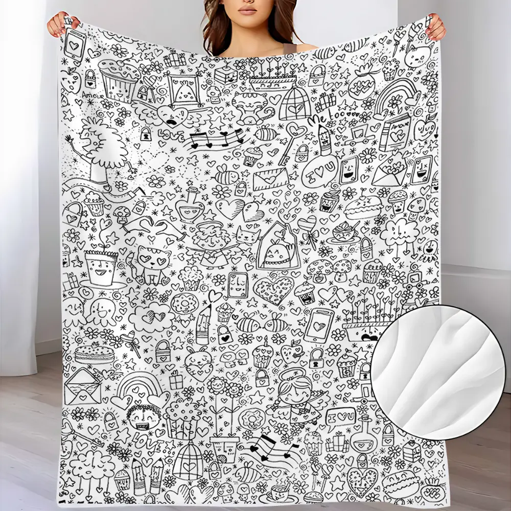 Cute Doodle Coloring Book Style Blanket, Soft Flannel Throw Blanket with Black White Kawaii Hearts Stars Flowers Snack Print, Cozy Gift for Kids Girls Teens, Fun Art Lover Blanket for Bed Couch Sofa Bedroom Dorm, Lightweight Warm Blanket for Naptime