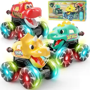 3 Pack Dinosaur Friction Truck Toys for Kids Toddlers, Light-Up Wheels Monster Trucks, Press & Go Christmas Birthday Gifts for Boys 2-8 Years Old