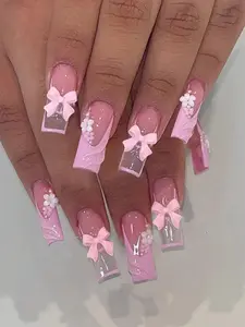 24pcs Pink French Tip Press-On Nails – Medium Square 3D Flower Bow Set