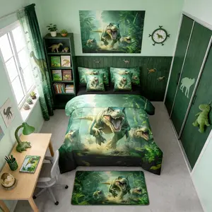 7 Pcs Boys Dinosaur Comforter Bed Set,Green Dino Teen Boy Bedding Set,Cartoon Kids Bed Bag,(1 Comforter,1 Fitted Sheet,1 Flat Sheet 2 Pillow Bed Set