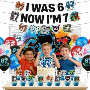 67 Meme Birthday Party Supplies, Six Seven Themed Party Decoration Funny 6 7 Backdrop Balloons Cake Cupcake Topper for 67 Fans Themed Party Decor