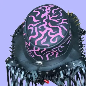 Custom Painted Cowboy Hat - Punk Leather Cowboy Hat with Pink Brain Design & Spikes on Brim
