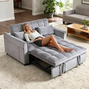 3 in 1 Convertible Sleeper Sofa Bed, Modern Pull Out Couch Bed, Adjustable Backrest, Velvet Loveseat Futon Sofa with Pillows & Pockets for Living Room Apartment