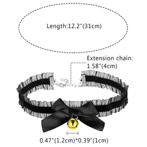 OIDEA Lace Bow Bell Choker Necklace for Women, Black Sheer Tulle Ribbon Collar with Tiny Bells, Cute Goth Lolita Jewelry