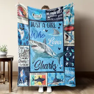 Shark Lovers Blanket - Shark-Themed Plush Flannel Bedspread with Shark Phrases & Pictures (Great White, Hammerhead, Whale), All-Season Soft Throw,, s, - Shark Bed Cover Gift