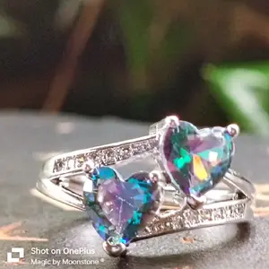 .925 Stamped Double Heart Rainbow Mystic Topaz Ring