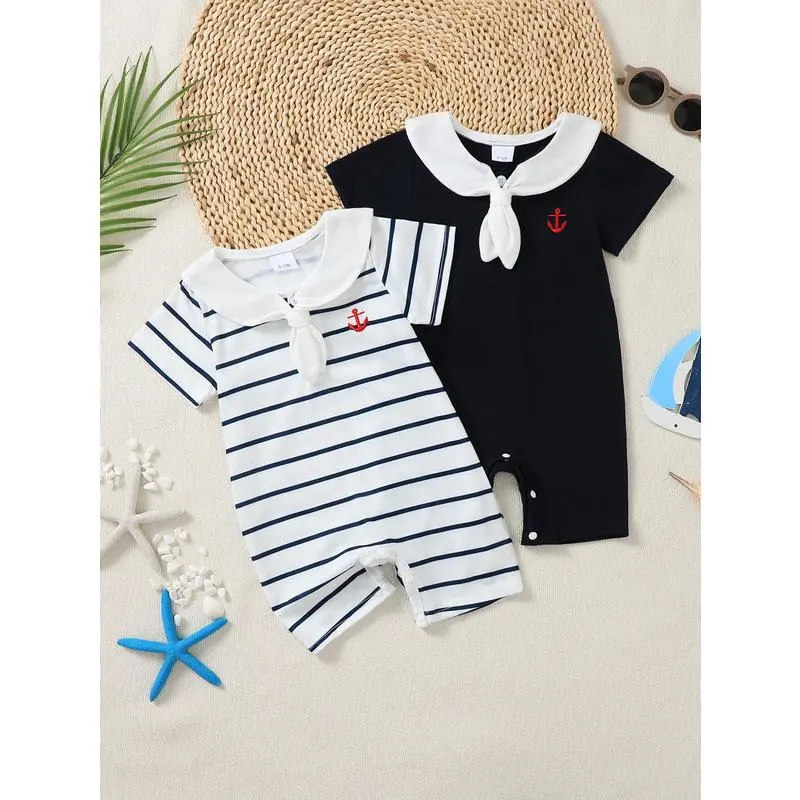 2-Pack Baby Boys Mystery Nautical Sailor Collar Rompers, Striped & Solid Short Sleeve One-Pieces with Anchor Embroidery 1-18M Navy Blue Outfit Set 42510053