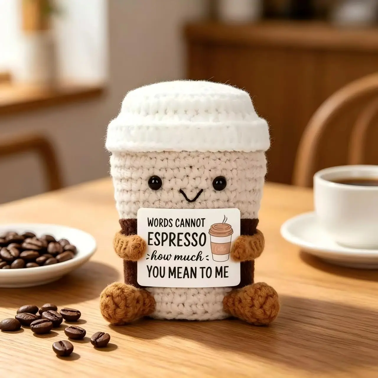 Hand-Crocheted Coffee Cup Plush Toy, A Fun Punny Desktop Decoration, Gift for Coffee Lovers, Soft Stuffed Cuddly Gift, Amigurumi Gift, Emotional Companion, Office Desk Ornament for the Hard-Working Professional