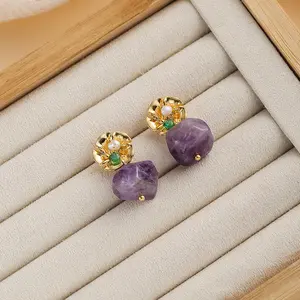 Natural Amethyst Dangling Earrings 18k plated Jewelry MustHave Purple Healing Crystal Birthstone Gift for Her Valentine’s Day Accessories