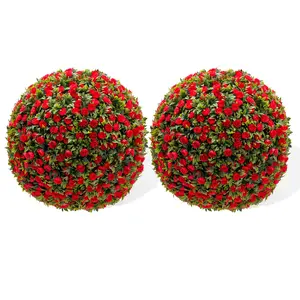 Garvee 21.6 in Artificial Topiary Balls 2PCS,  Flower Topiary Ball  Decorative Balls for Outdoor Patio Garden and Indoor, Wedding Decoration, Red