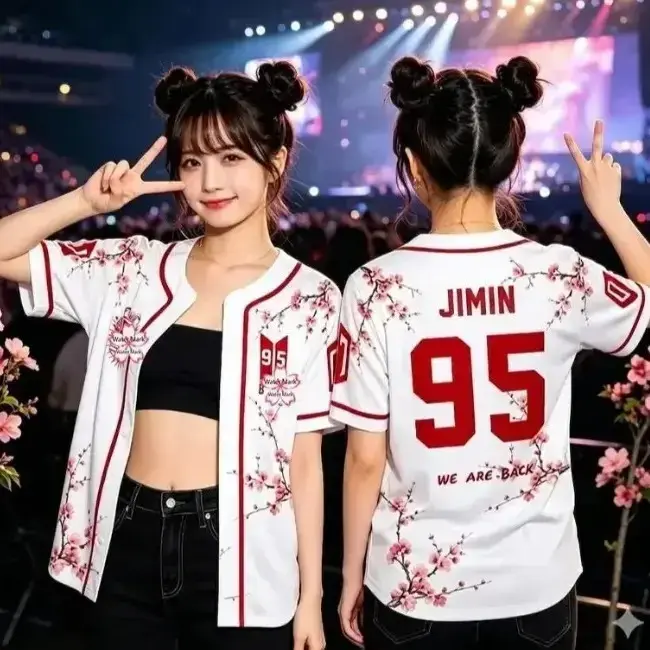 White Cherry Blossom Kpop Fan Baseball Jersey Pink Sakura Floral Short Sleeve Button Shirt Concert Outfit Oversized Streetwear Gift for Her