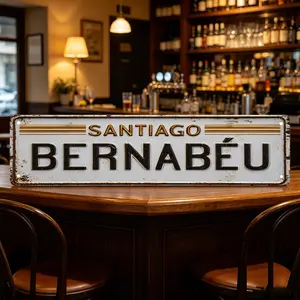 Santiago Bernabéu Retro License Plate Metal Sign - Real Madrid Fan Decor, Aluminum-Based Metal-Toned Sport-Inspired Decorative Home Sign for Man Cave, Unique Gift for Madridistas Soccer Fans, Aluminum-Based Home Signs, Decorative Home Signs