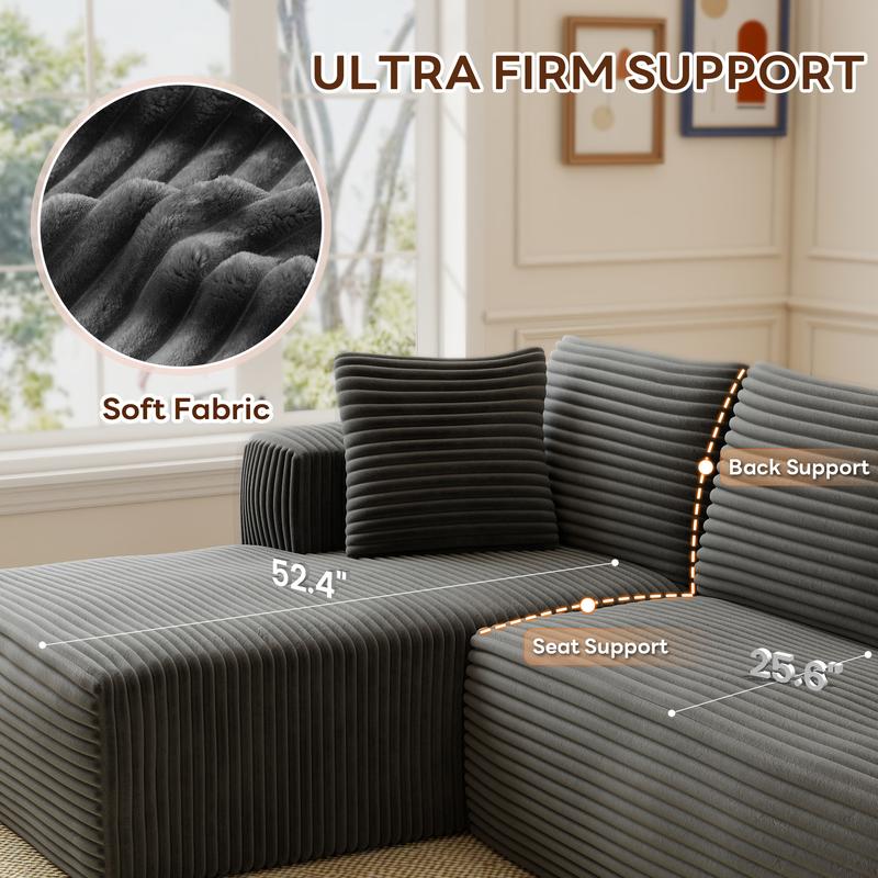Plush Corduroy Cloud Velvet Modular Sofa Boneless 3-Seater Sectional with Chaise Extra-Wide Seat No Assembly Perfect for Small Spaces Cozy Corners & Apartments