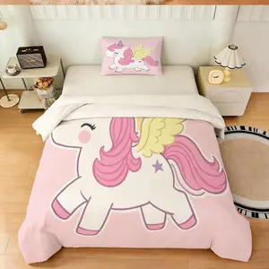 Cute Unicorn Duvet Cover Set, 2/3 Pieces (1 Duvet Cover + 1/2 Pillowcases, No Insert Included), Sweet Cartoon Style, Soft Breathable Skin-Friendly Fabric, Ideal for Girls’/Teens’ Bedroom Decor & Holiday Gift Choice