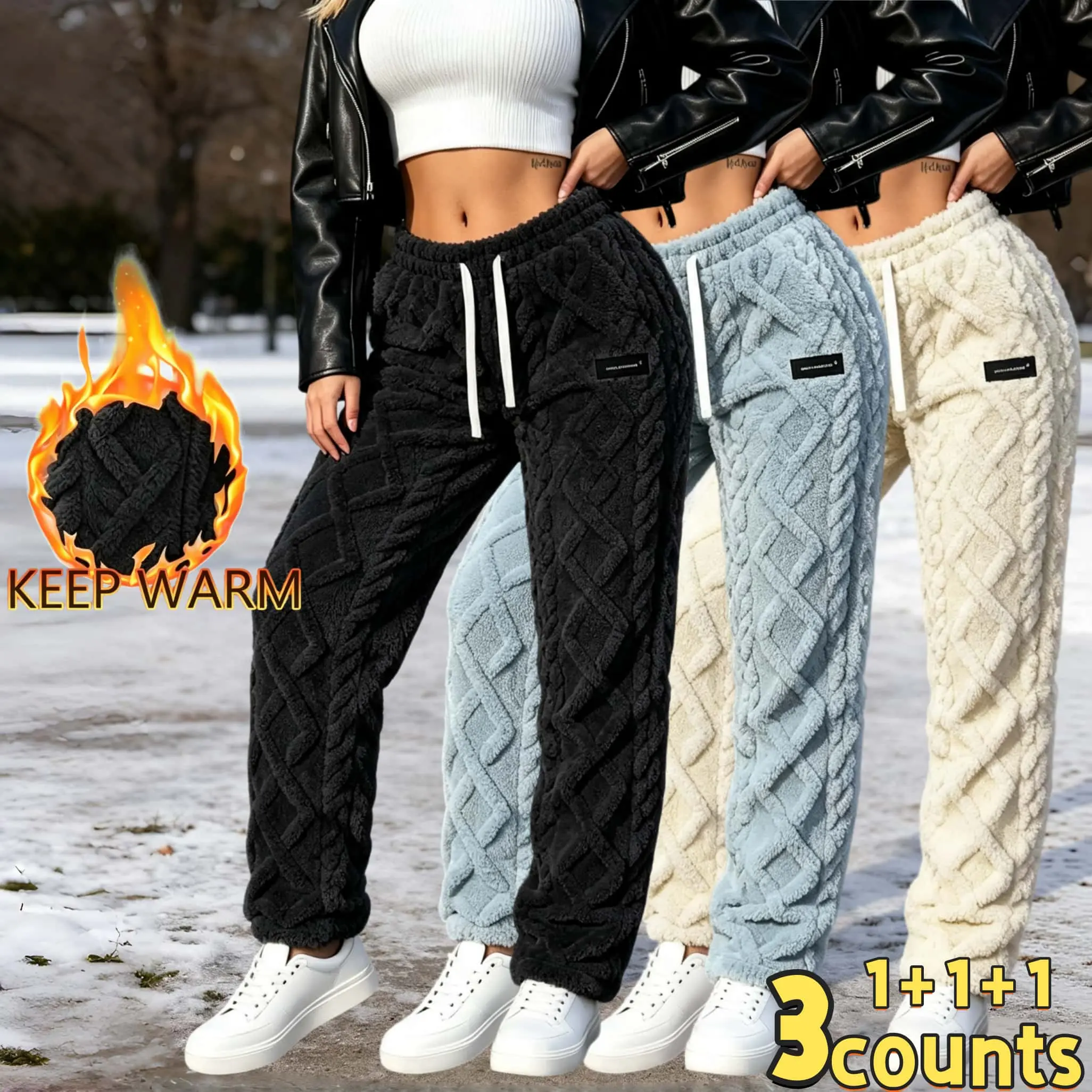 Women's winter warm jogging pants casual wired texture fluffy pants elastic waist pull rope comfortable sports pants daily outdoor cold weather fashionable casual pants regular size women's warm hiking snow pants